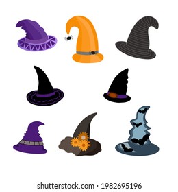 Witch hats festive set, cute fancy magic accessory vector flat style simple illustration, isolated object clipart useful for Halloween party decoration, hand drawn image, cartoon spooky character