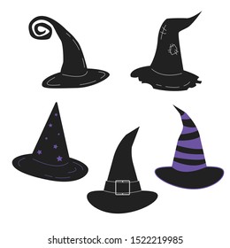 Witch hats flat vector illustrations set. Wizard, sorcerer caps isolated cliparts pack. Fantasy wizard black and purple headwear on white. Halloween decorations, stickers on white bundle