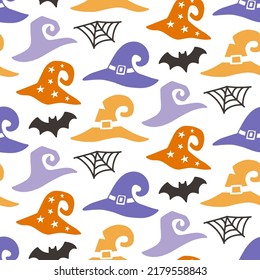 Witch Hats Halloween Cute Vector Seamless Pattern Texture. Hand Drawn Design For Baby Clothes, Nursery Textile, Kids Tee Shirt, Wrapping Paper. Halloween Printable Print, Vintage Repeat Background