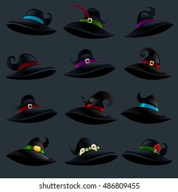 Witch hats isolated on a dark background. Set of witch hats in cartoon style for Halloween. Vector illustration.