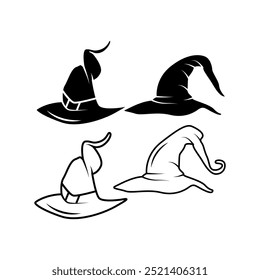 Witch hats isolated on a white background. Black and white vector illustration.