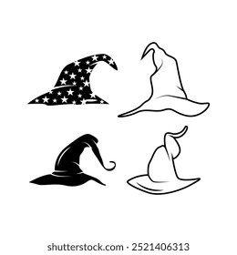 Witch hats isolated on a white background. Black and white vector illustration.