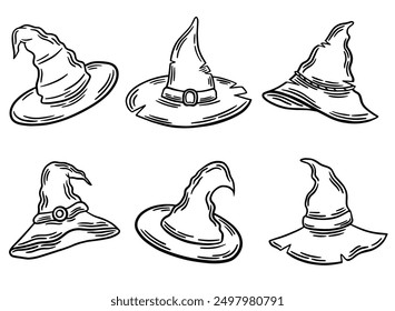 Witch hats on Halloween line drawing vector set of illustrations. Wizard Halloween hat clipart