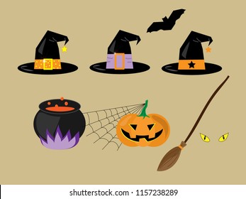 Witch Hats, Poison Pot, Pumpkin, Spider Web, Bloom Stick, Cat Eyes, Bat. Cute Halloween Cartoon Set. Flat Vector Illustration.