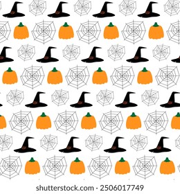 Witch Hats, pumpkins and cobwebs Seamless pattern Isolated. Halloween greetings background texture