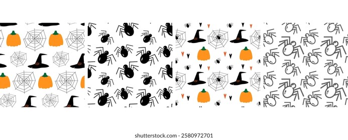 Witch Hats, pumpkins, Spiders and cobweb Seamless patterns. Halloween background Texture idea Set 4