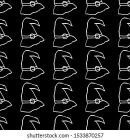 Witch Hats. Seamless background. Black and white ink drawing for Halloween. Vector illustration for web design or print.