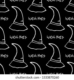 Witch Hats. Seamless background. Black and white ink drawing for Halloween. Vector illustration for web design or print.
