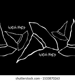 Witch Hats. Seamless background. Black and white ink drawing for Halloween. Vector illustration for web design or print.