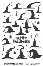 Witch Hats Set Isolated on White Background. Vector Illustration.