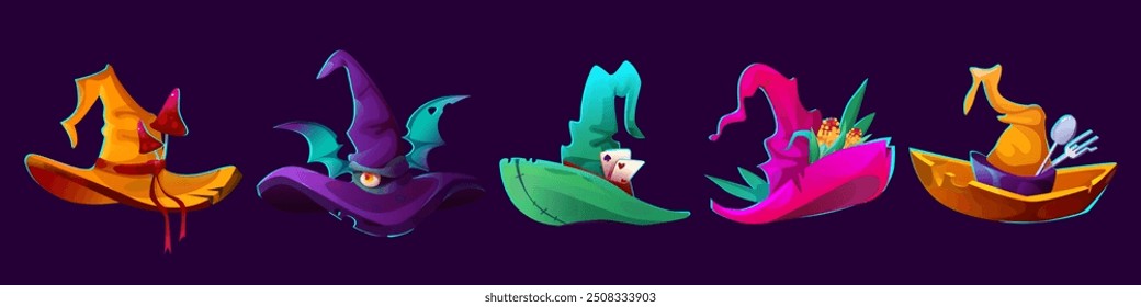 Sombreros de la bruja fijados aislados en fondo. Ilustración de dibujos animados de Vector de accesorios de cabeza de mago decorados con cintas y símbolos de Halloween, setas espeluznantes, alas de murciélago, tarjetas, flores, tenedor y cuchara