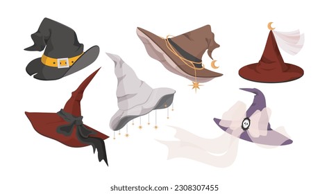 Witch hats set. Magic and sorcery, witchcraft, imagination and fantasy. Halloween stickers for social networks im messengers. Cartoon flat vector collection isolated on white background