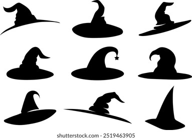 Witch hats silhouettes collection isolated on white background. Witch hat element silhouette Halloween party decorations	