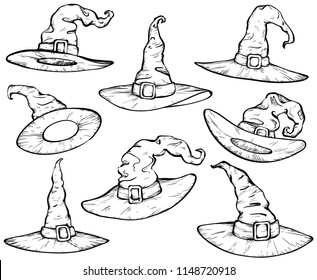 Witch hats sketch set isolated on white background