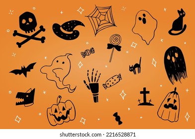 Witch hats and skulls, pumpkins, bats, and candy collections reminiscent of Happy Halloween.
