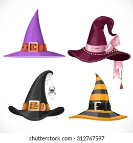 Witch hats with straps and buckles set isolated on white background