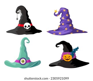 Witch hats vector icons, Halloween party costume elements. Cartoon wizard headwear, traditional magician caps. Magic cap evil with spider web, pumpkin, skull or stars for sorceress or astrologer.