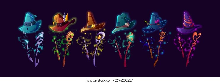 Witch hats, wands and staffs cartoon vector set. Wizard headwear and spell stuff vfx effect, decorated magician caps. Halloween party costume for mages, sorceress or astrologers isolated collection