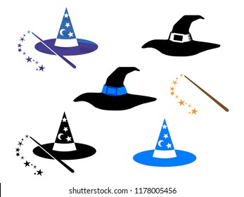 Witch hats and wizard hats with magic wand vector illustration