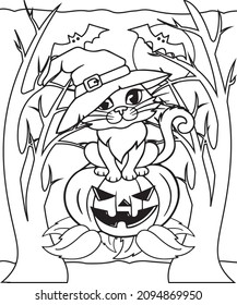 Witch Hat-wearing Halloween Cat Is Sitting on a Pumpkin With Tree Leaves, Flying Bats and the Moon. Coloring Book Illustration for Children and Adults. Isolated on White Background.