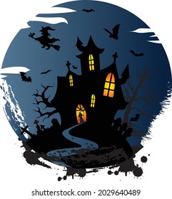 
witch Haunted House Halloween creepy illustration t shirt design with Pumpkins Cat and Bats at night