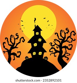 La silueta de la casa, bruja o embrujada, sobre la colina en forma de fondo redondo. Esbozo de casa, luna llena, murciélagos y calabazas. Feliz Halloween. Ilustración del vector