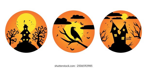 Witch or haunted houses silhouettes on the hill in a round shaped background. House, full moon, crow, bats and pumpkins. Halloween vector illustration