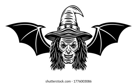 Witch head with bat wings vector illustration in monochrome tattoo style isolated on white background