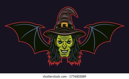 Witch head with bat wings vector colored cartoon style illustration isolated on dark background