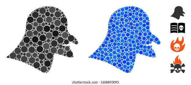 Witch head composition of circle elements in various sizes and color tints, based on witch head icon. Vector circle elements are combined into blue illustration.