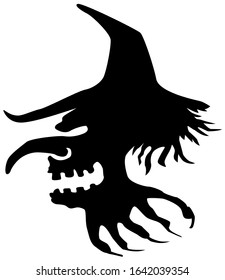 Witch head flying stencil black, vector illustration, horizontal, isolated
