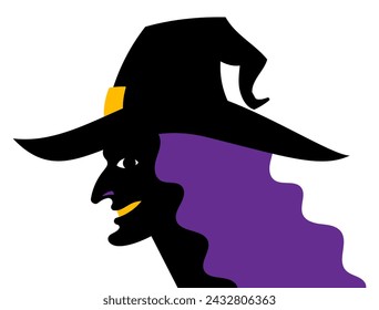 Bruja. Cabeza de la bruja en sombrero - silueta negra, nariz larga, pelo ondulado púrpura, vista lateral, sonrisa. Personaje de Halloween, persona mágica. Retrato estilizado. Ilustración vectorial minimalista, aislado