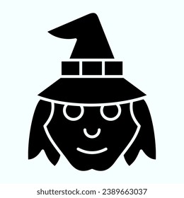 Witch head in hat solid icon. Woman with evil face silhouette. Halloween vector design concept, glyph style pictogram on white background, use for web and app. Eps 10