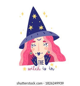 Witch head with a high cap. Cartoon halloween sorceress, magic hat with stars. Vector illustration