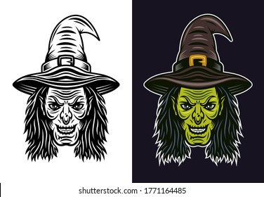 Witch head in two styles black on white and colored on dark background vector illustration