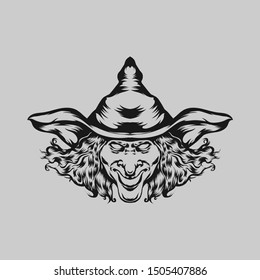 Witch head vector with hat Outline