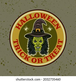 Witch head vector round colored emblem, badge, label or logo in cartoon style illustration