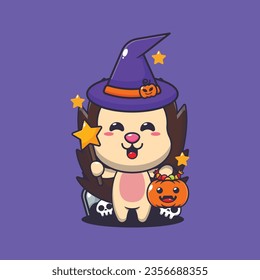 Witch hedgehog in halloween day. Cute halloween cartoon illustration. 