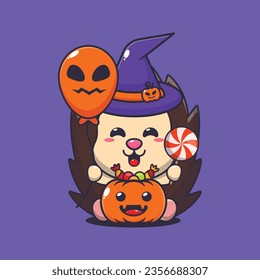 Witch hedgehog holding halloween balloon and candy. Cute halloween cartoon illustration. 