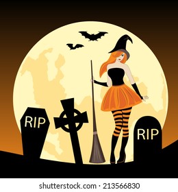 Witch with her broom on moon background 