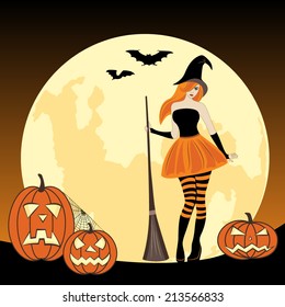 Witch with her broom on moon background 