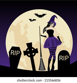 Witch with her broom on moon background 