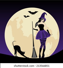 Witch with her broom on moon background 