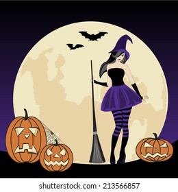 Witch with her broom on moon background 
