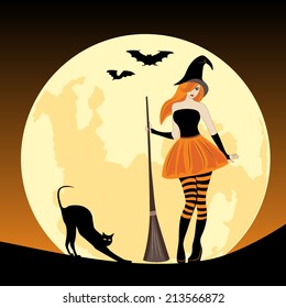 Witch with her broom on moon background 