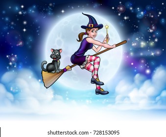 A witch and her cat cartoon characters flying on a broom stick and waving a magic wand with a full moon in the background. Halloween scene.
