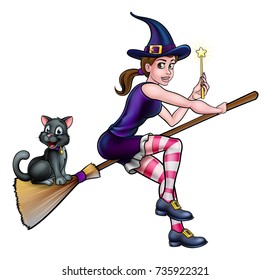 A witch and her cat cartoon characters flying on a broom stick and waving a magic wand Halloween illustration