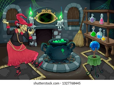 The witch in her own room. Vector cartoon illustration for halloween and games.
