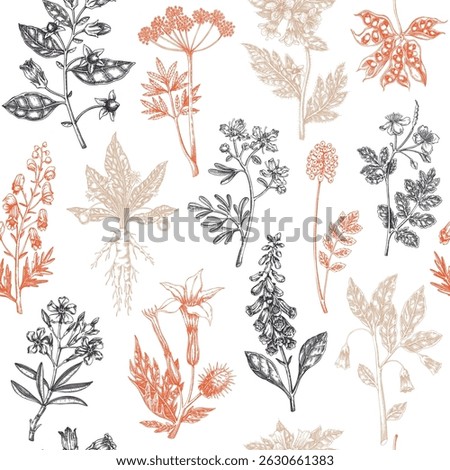 Witch herbs seamless pattern. Bohemian background. Poisonous plants and flowers design. NOT AI generated