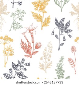 Witch herbs seamless pattern. Poisonous plants background. Apothecary hand-drawn vector illustration. NOT AI generated